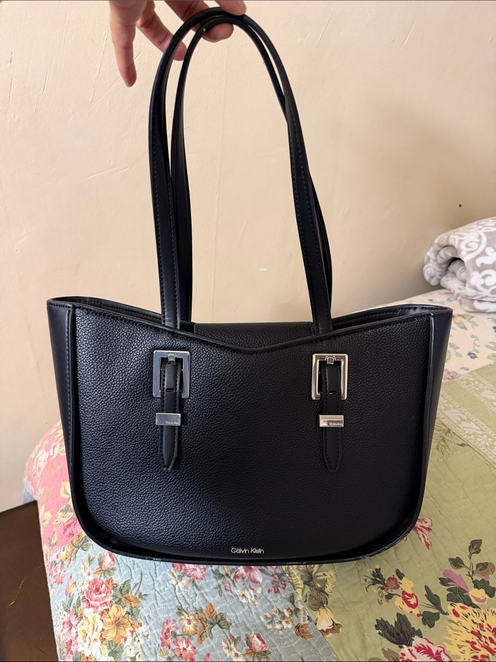 Calvin Klein Black Pebbled Leather Shoulder Tote